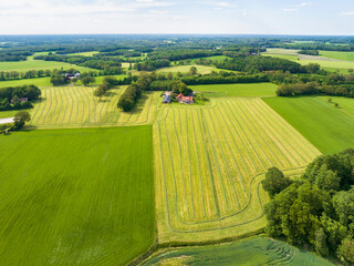 Aerial view of countryside with mowed grass in meadows and barley field in hilly landscape, Nutter, Ootmarsum, Twente, Overijssel, Netherlands.