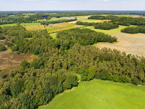 Aerial view of countryside and nature reserve Vasser Heide with forest and heather field, Haarle, Twente, Overijssel, Netherlands.