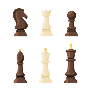 Collection of chess black and white pieces. Queen, king, knight, rook piece vector illustration