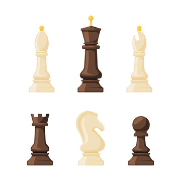 Collection of chess black and white pieces. Bishop, queen, king, knight, rook, pawn piece vector illustration