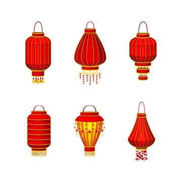 Set of red Chinese lanterns. Asian traditional lamps of cylindrical shape for festival, New Year vector illustration