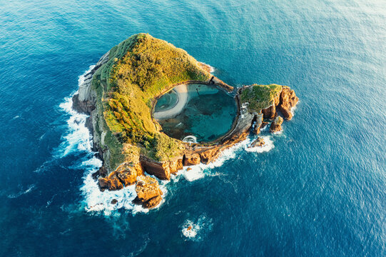 Aerial view of the small, volcanic island Vila Franco do Compa at sunrise, Sao Miguel, Azores, Portugal.