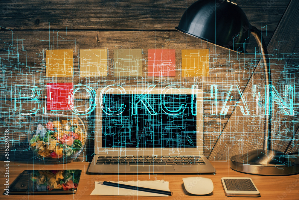 Aufkleber Double exposure of blockchain and crypto economy theme hologram and table with computer background. Concept of bitcoin cryptocurrency.