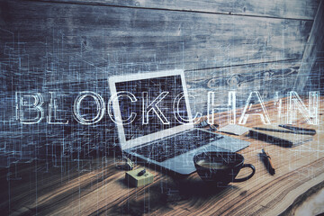 Obraz premium Multi exposure of blockchain and crypto economy theme hologram and table with computer background. Concept of bitcoin cryptocurrency.