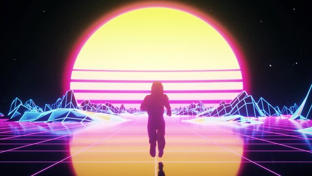 Astronaut runs surrounded by flashing neon lights. Retro 80s style synthwave background