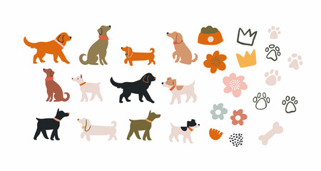 Vector set of abstract dogs characters and doodles on white. Domestic dogs Clipart collection. - 515240037