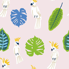 Tropical pattern with leaves and parrots. Hawaii holiday pattern on pink background with monstera leaves