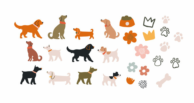 Vector set of abstract dogs characters and doodles on white. Domestic dogs Clipart collection.