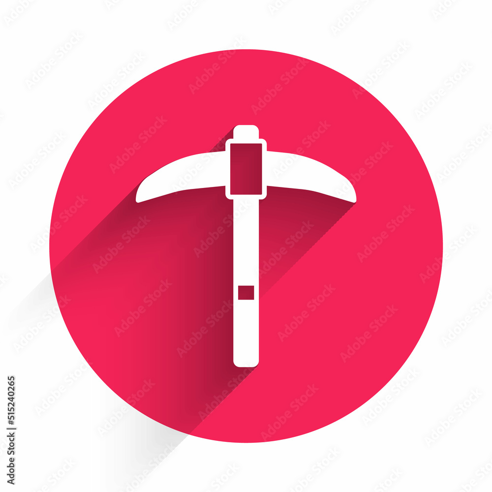 Aufkleber white pickaxe icon isolated with long shadow background. red circle button. vector