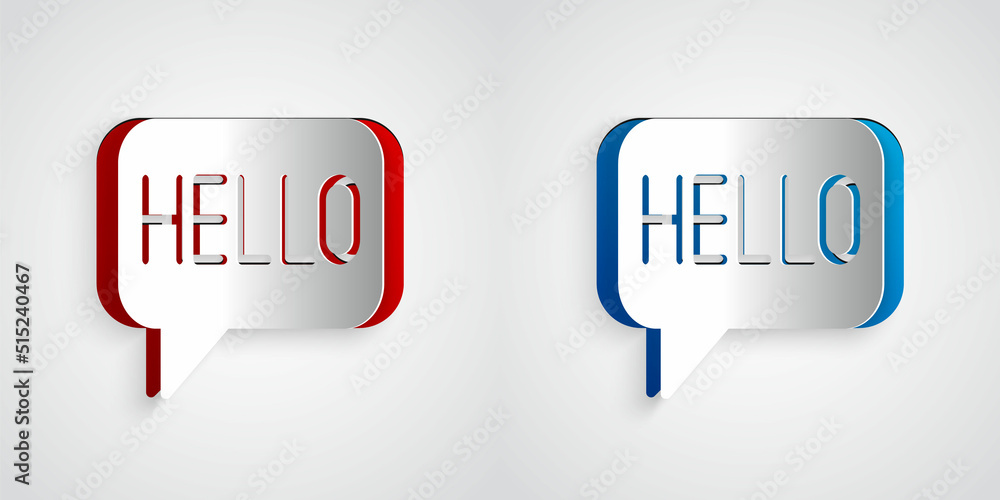 Poster paper cut hello in different languages icon isolated on grey background. speech bubbles. paper art s