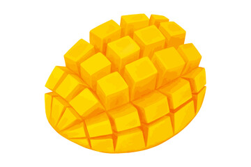 Vector mango slice cut to cubes. Half fresh tropic fruit diced. Realistic eps illustration isolated on white background.