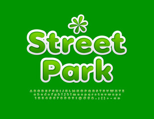 Naklejka premium Vector green logotype Street Park. Bright sticker Font. Artistic Alphabet Letters, Numbers and Symbols set