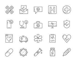 Medicine line vector icon set. Healhcare icon in outline style. Vector illustartion concept