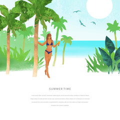 Summer vector vacation concept. Beautiful girl with cocktail on a tropical beach. Vector travel template with palm trees, beach, women and place for text. Collage with watercolor texture
