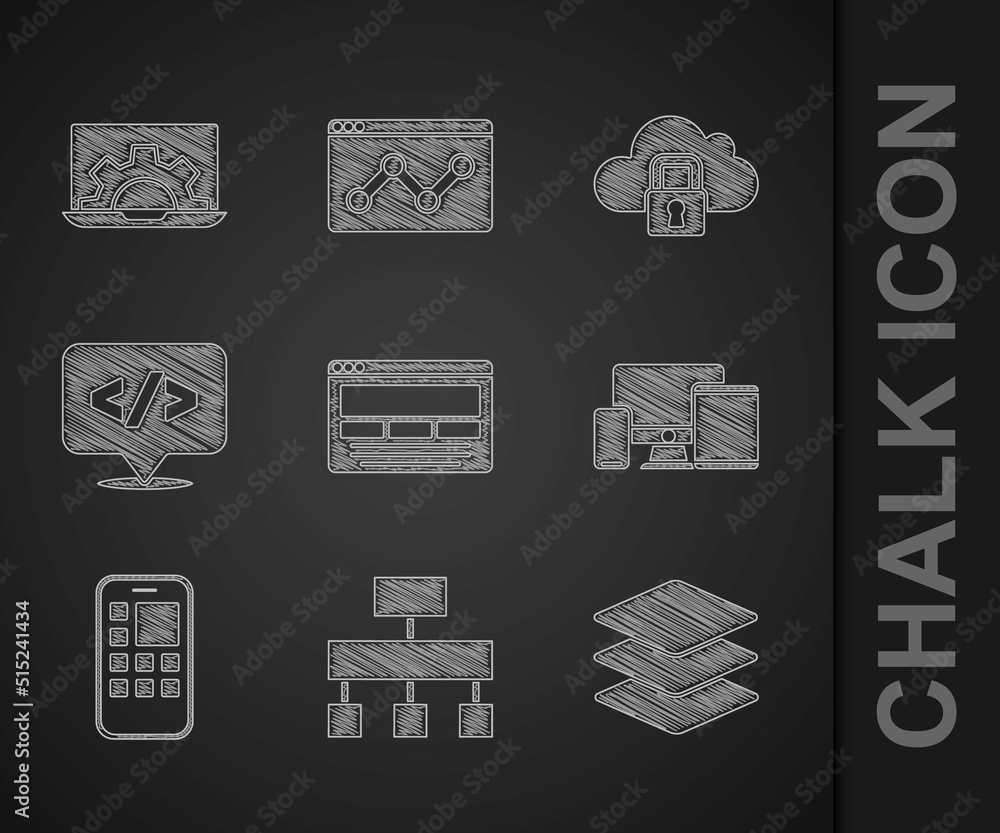 Aufkleber set ui or ux design, site map, layers, monitor, mobile, tablet, mobile apps, front end development, 