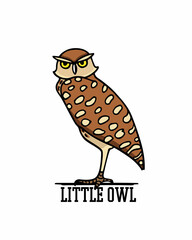 Vector illustration of hand drawn funny grumpy Little Owl. Ink drawing, decorative graphic style. Beautiful animal design elements, logo template 