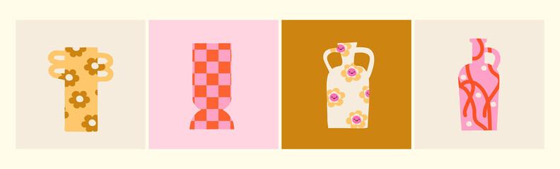 Poster set with vases and pots with floral print Modern style, pastel colors