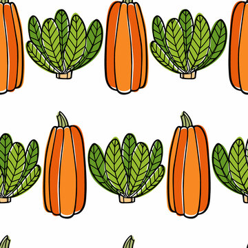 Vector seamless pattern with hand drawn orange winter squash with green salad. Ink drawing, graphic style. Perfect for healthy food or farm markets prints and patterns