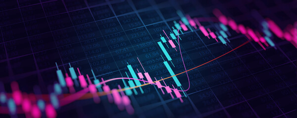 Financial graph with up trend line candlestick chart in stock market on neon color Widescreen...