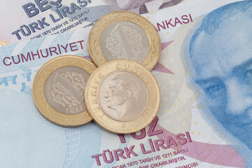 Turkish lira coins lying on Turkish lira banknotes