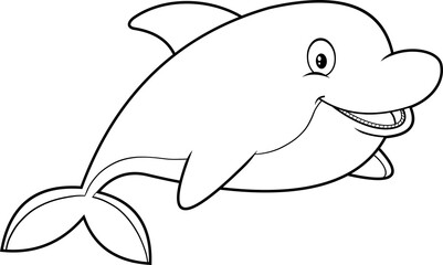 Outlined Cute Dolphin Fish Cartoon Character Jumping. Vector Hand Drawn Illustration Isolated On White Background