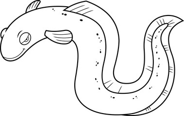 Outlined Cute Electric Eel Fish Cartoon Character Is Swimming. Vector Hand Drawn Illustration Isolated On White Background