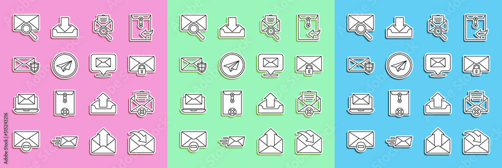 Poster set line envelope, delete envelope, mail message lock password, with magnifying glass, paper plane, 