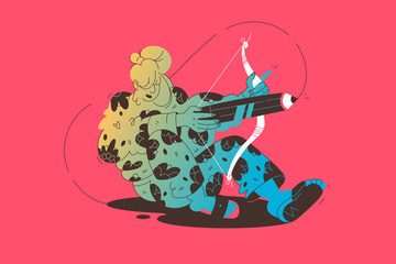 Process of picture looming illustration. Woman with archery