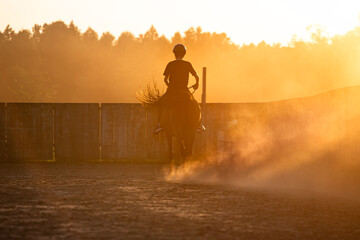 Riding a horse in sunset