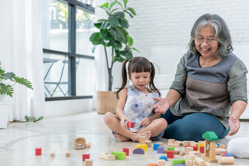 Asian elderly grandmother and A 3-year-old Asian girl, practicing her skills, brain development and imagination, by playing with wood blocks toy, to children and education concept.