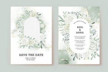 wedding invitation template with photo frame rose white and greenery leaves watercolor