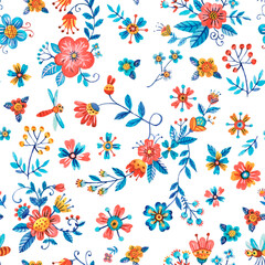 Fototapeta na wymiar Seamless pattern of flowers, twigs, bouquets and insects. Funny children's drawing style. Used a range of yellow, red and blue. Drawing in watercolor and gouache. Isolated image on a white background.