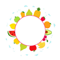 Summer fruit. circle frame with fresh Fruit. Strawberry, cherry, watermelon, apple, pear,