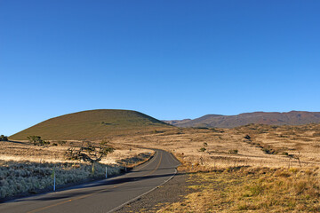 Road through Landscape at Mauna Loa - the words biggest volcano, Big Island. A beautiful morning view from road side of Mauna Loa the biggest volcano island.