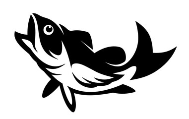 Black and white logo for fishing tackle and stores. Fish. Isolated illustration of a fish on a white background.