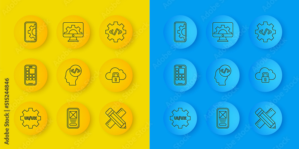 Poster set line ui or ux design, mobile apps, front end development, crossed ruler and pencil, cloud comput