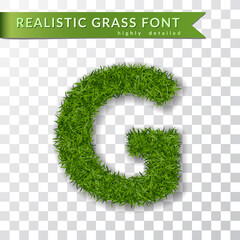 Grass letter G, alphabet 3D design. Capital letter text. Green font isolated white transparent background, shadow. Symbol eco nature environment, save the planet. Realistic meadow Vector illustration