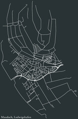 Detailed negative navigation white lines urban street roads map of the MAUDACH DISTRICT of the German regional capital city of Ludwigshafen am Rhein, Germany on dark gray background