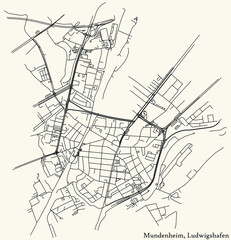 Detailed navigation black lines urban street roads map of the MUNDENHEIM DISTRICT of the German regional capital city of Ludwigshafen am Rhein, Germany on vintage beige background