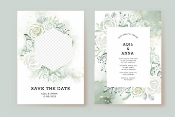 wedding invitation template with photo frame rose white and greenery leaves watercolor