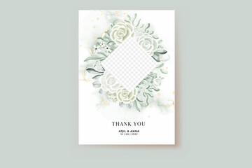 thank you card template with photo frame rose white and greenery leaves watercolor
