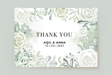 thank you card template with rose white and greenery leaves watercolor