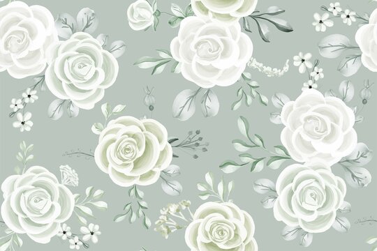 seamless pattern with rose white and leaves green