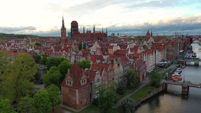 Aerial view of the beautiful Gdansk city at sunset, Poland