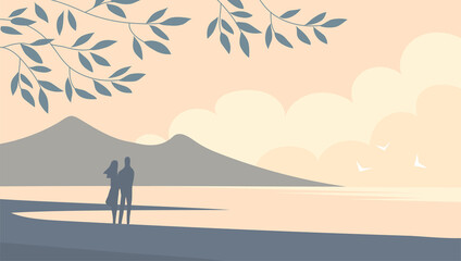 Seascape with coast and mountains. Silhouette of young man and woman. Tree branch. Wild beach. Summer sea. Beautiful nature. Romantic landscape. Flat vector illustration background