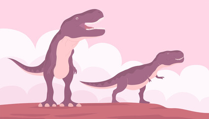 Big dinosaur tyrannosaurus rex of the Jurassic period. Two predators on the hunt. Carnivorous lizard. Prehistoric strong hunter. Wild landscape. Cartoon vector illustration