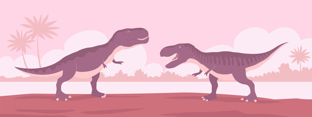Predatory dinosaur tyrannosaurus rex of the Jurassic period. Two predators in a fight. Carnivorous lizard. Prehistoric strong lizard. Wild landscape. Cartoon vector illustration