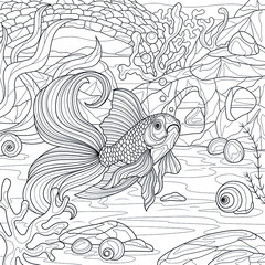 Goldfish in an aquarium.Coloring book antistress for children and adults. Illustration isolated on white background. Zen-tangle style. Hand draw