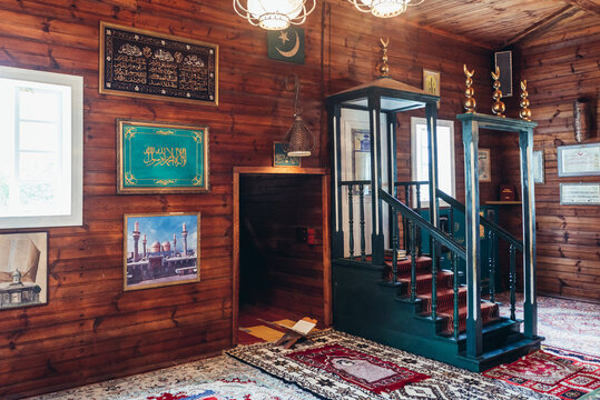 Kruszyniany, Poland - August 25, 2018: Minbar in mosque of Lipka Tatars community in Kruszyniany village