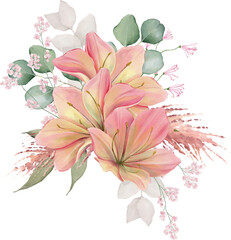 pink blossom bouquet modern foliage watercolor eucalyptus countryside meadow wreath bouquet